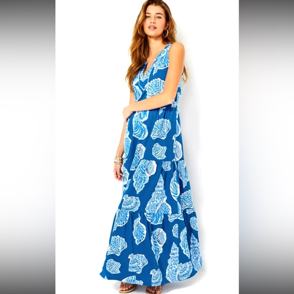 Lilly Pulitzer Dresses & Skirts - Lilly Pulitzer Syndee Maxi Dress in Barton Blue Shell of a Good Time Size L